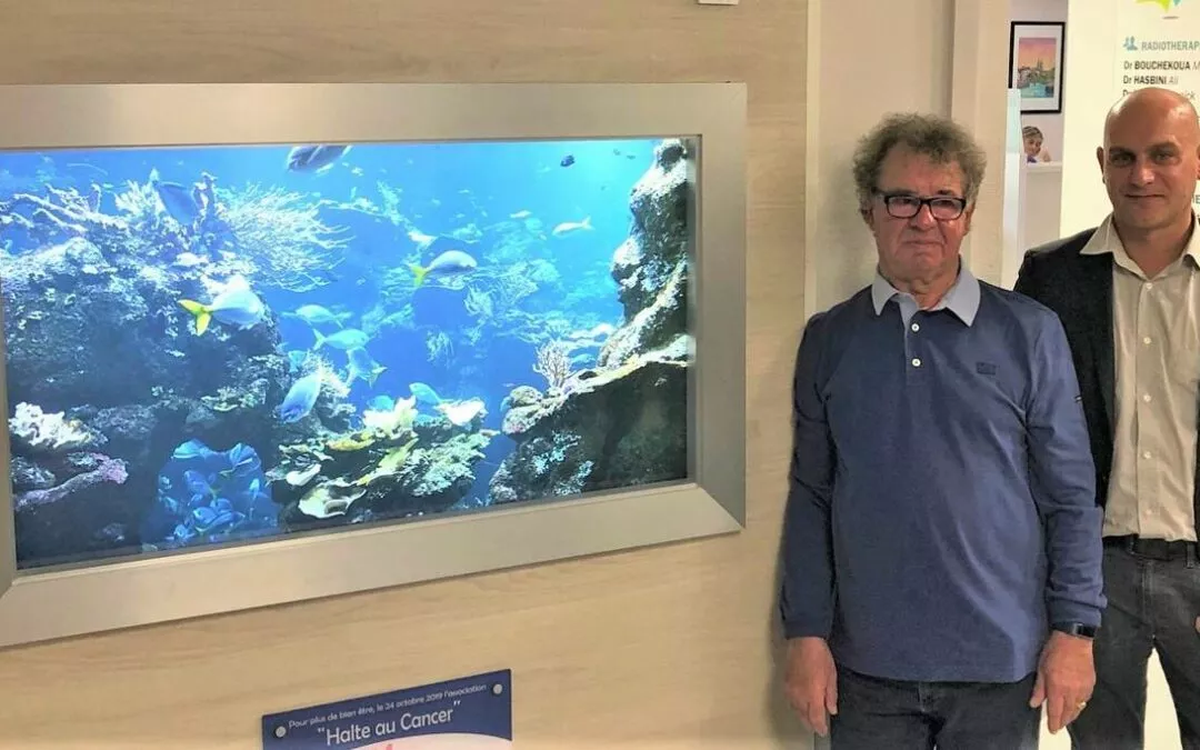 Installation d’un aquarium virtuel dans la salle d’attente de radiothérapie de Pasteur